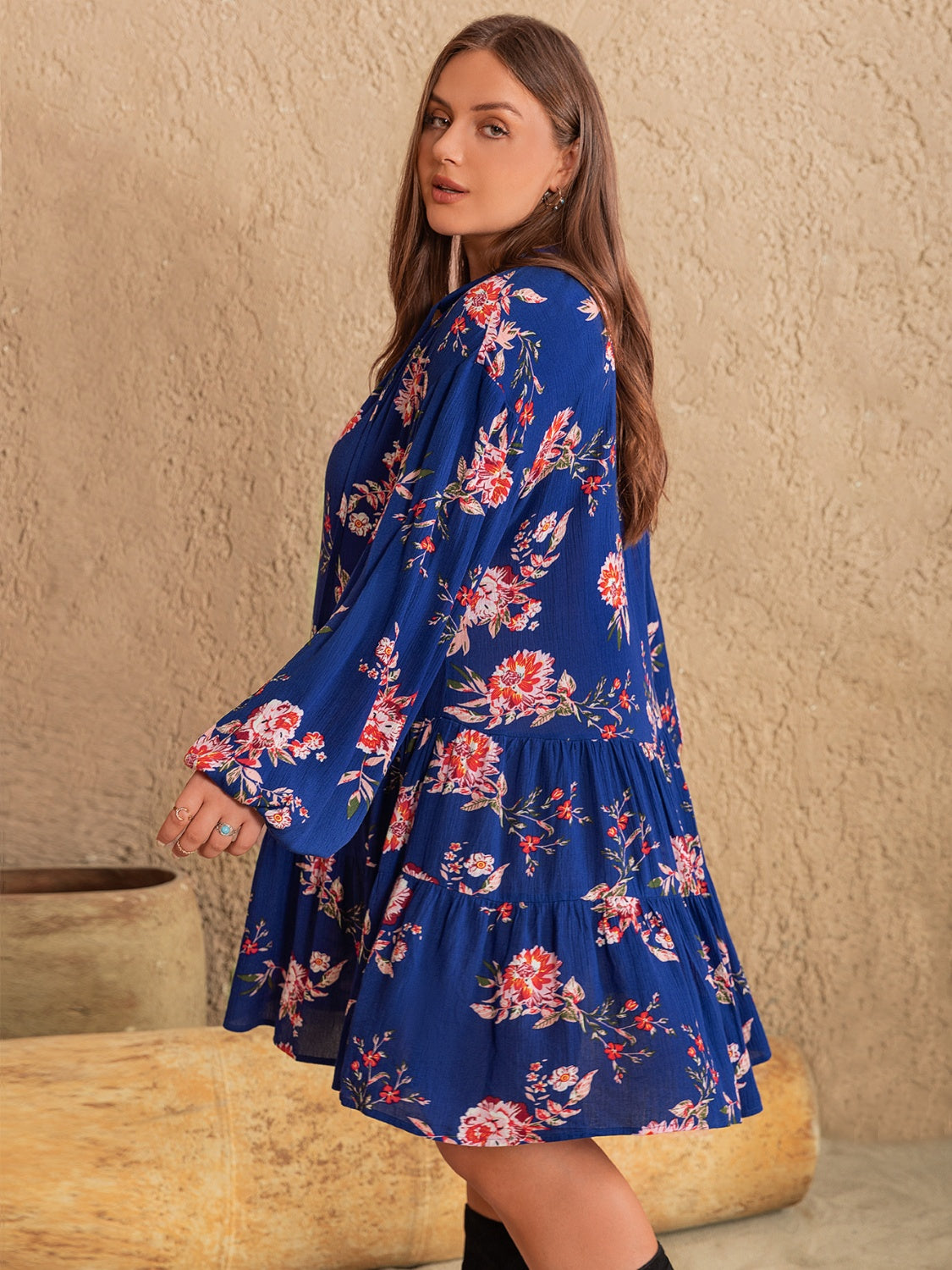 Plus Size Printed Tie Neck Balloon Sleeve Mini Dress-Angel Casuals