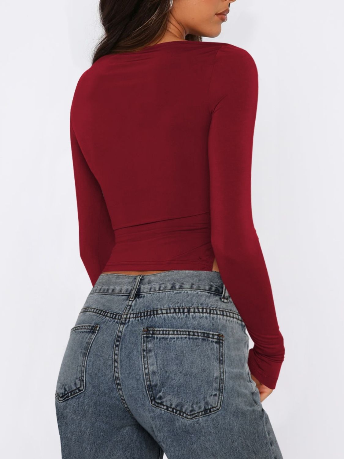 Tied Slit Round Neck Long Sleeve T-Shirt-Angel Casuals