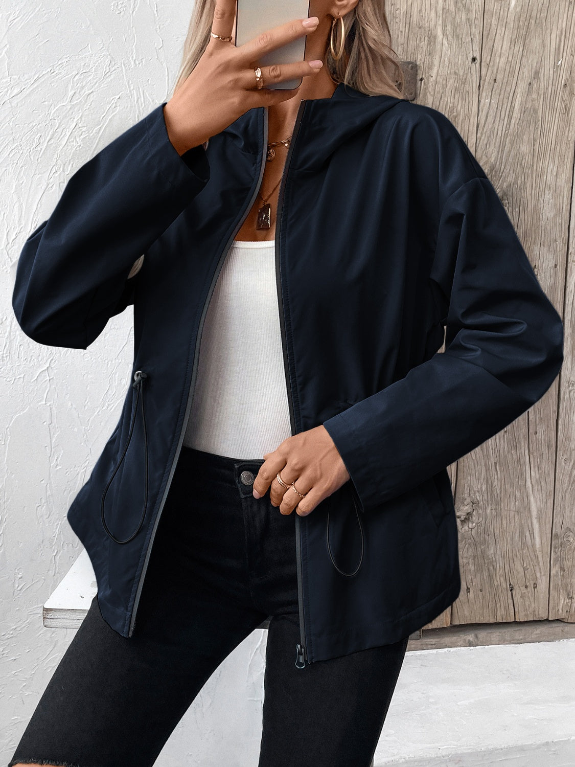 Ivy Lane Drawstring Zip Up Hooded Jacket-Angel Casuals