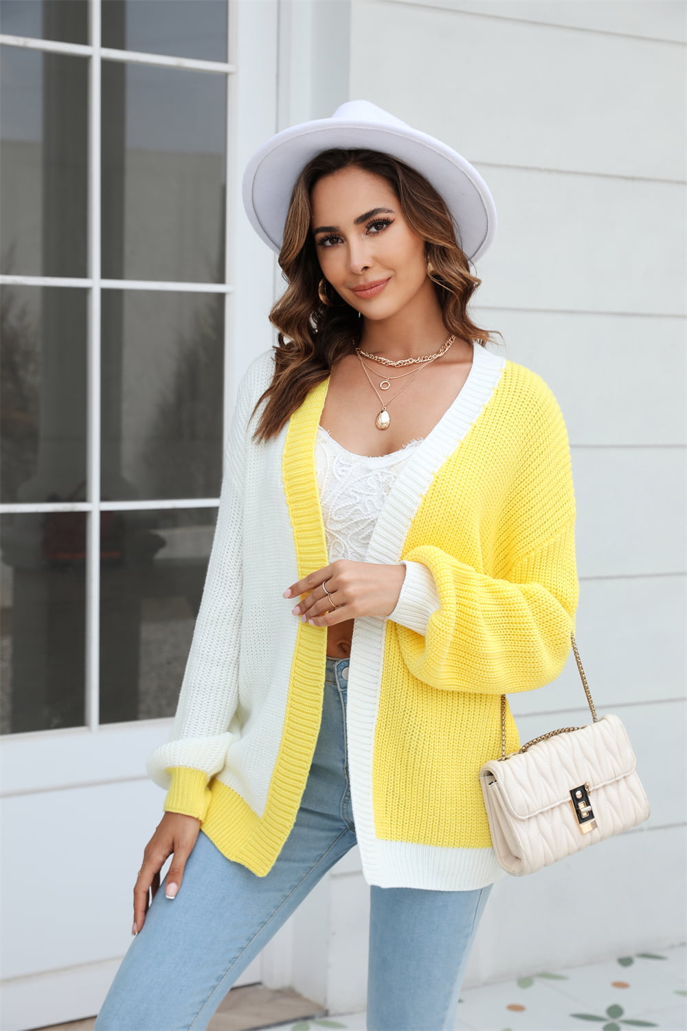 Open Front Contrast Color Balloon Sleeve Cardigan-Angel Casuals