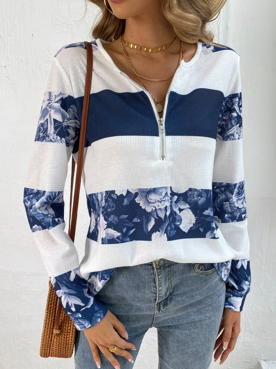 Printed Half Zip Long Sleeve T-Shirt-Angel Casuals