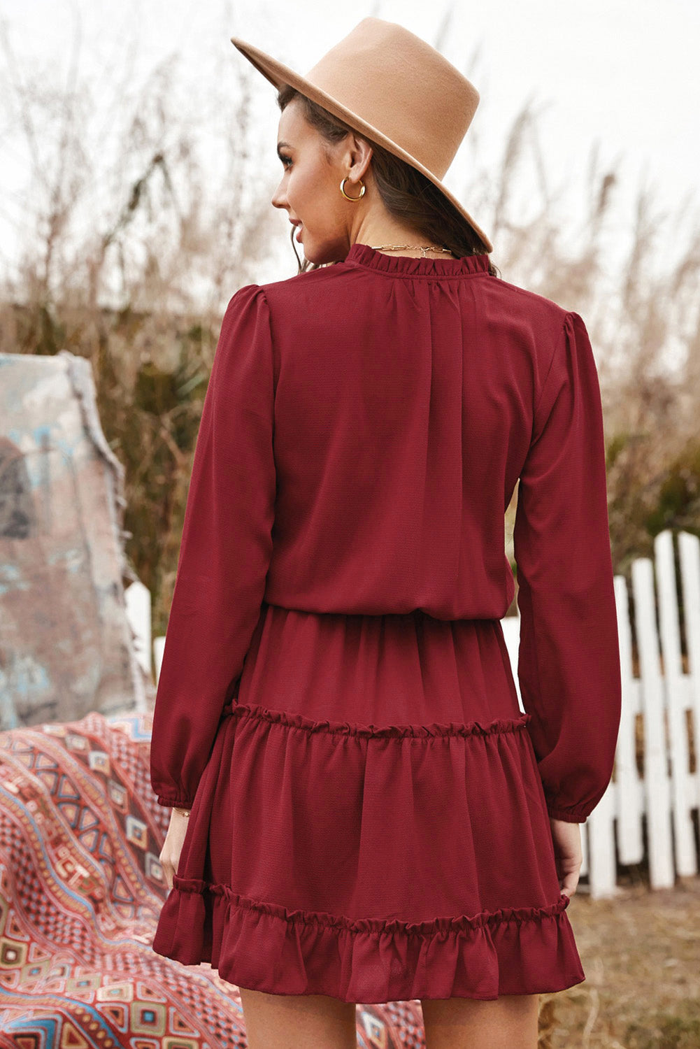 Tied Frill Trim Puff Sleeve Mini Dress-Angel Casuals