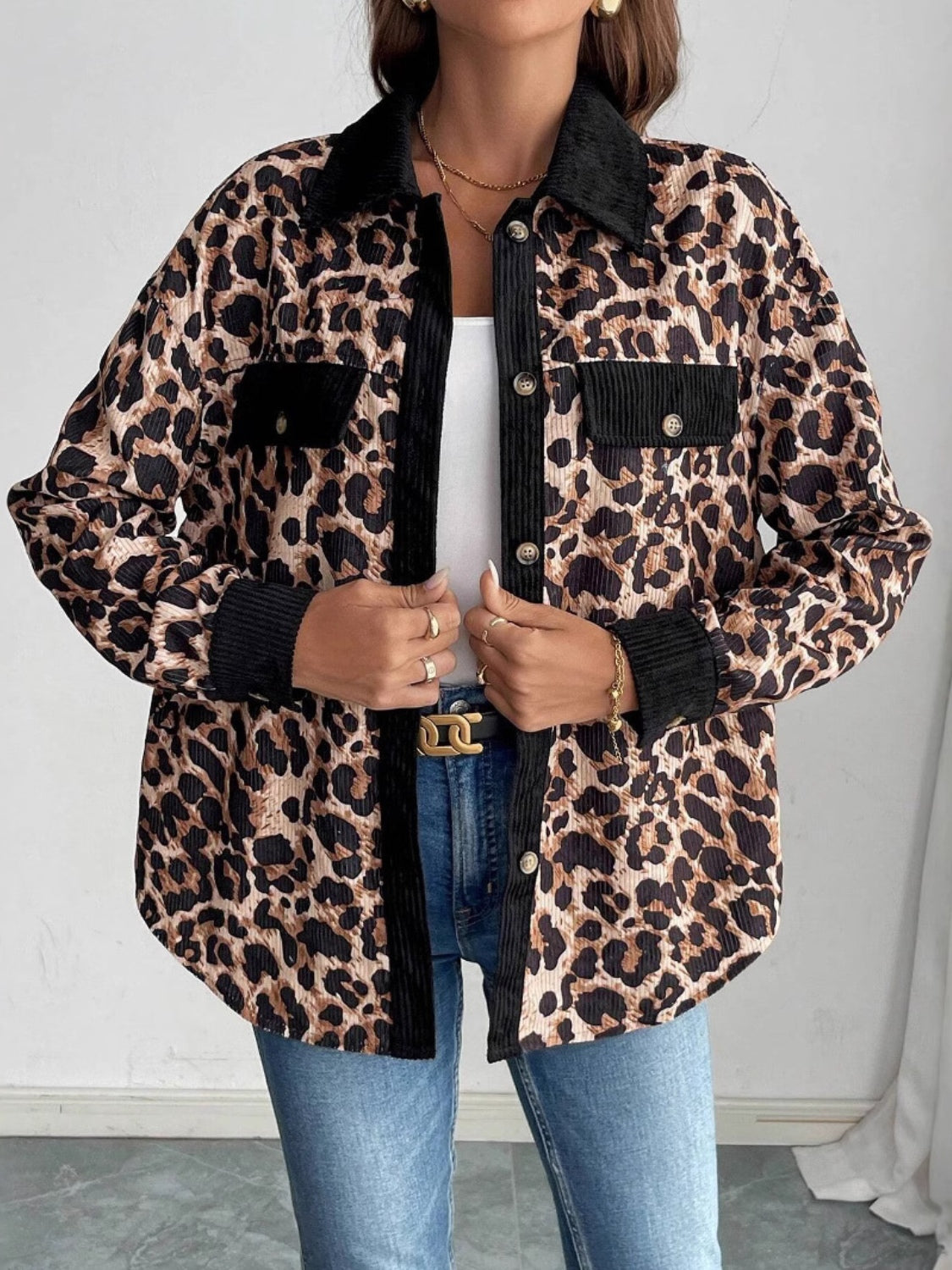 Leopard Collared Neck Button Up Shacket-Angel Casuals