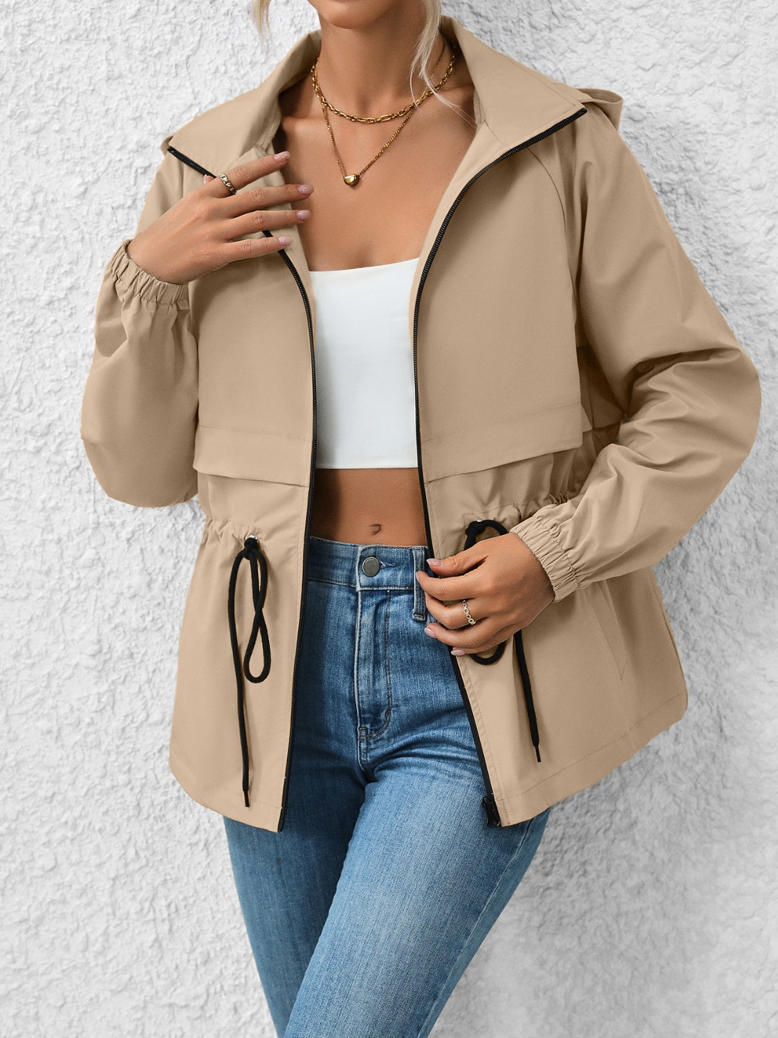 Ivy Lane Drawstring Zip Up Hooded Jacket-Angel Casuals
