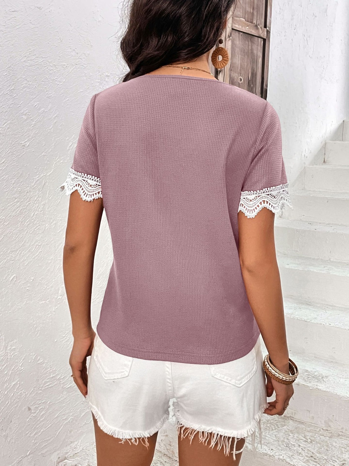 Lace Detail V-Neck Short Sleeve T-Shirt-Angel Casuals