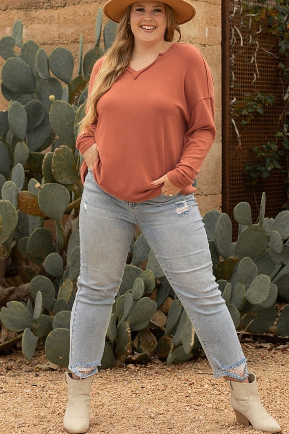 Plus Size Notched Long Sleeve T-Shirt-Angel Casuals