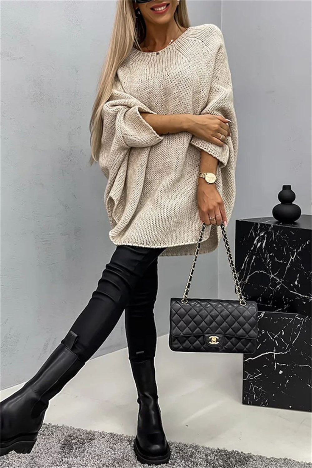 Round Neck Batwing Sleeve Sweater-Angel Casuals