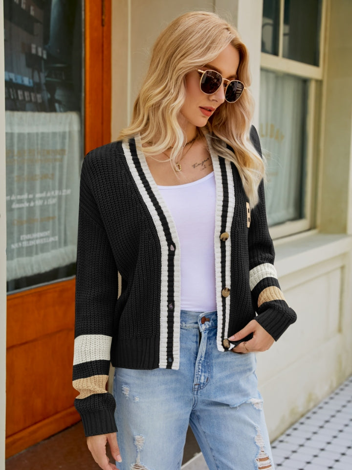 Contrast Button Up Dropped Shoulder Cardigan-Angel Casuals