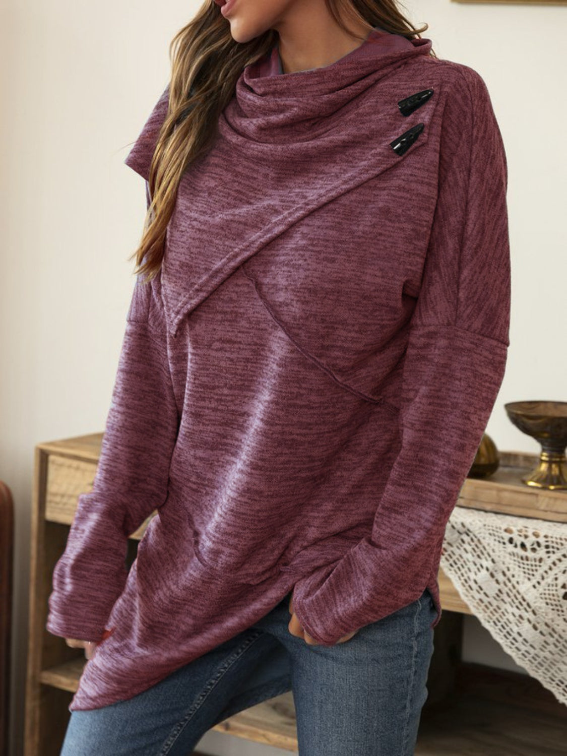 Asymmetrical Hem Cowl Neck Long Sleeve T-Shirt-Angel Casuals