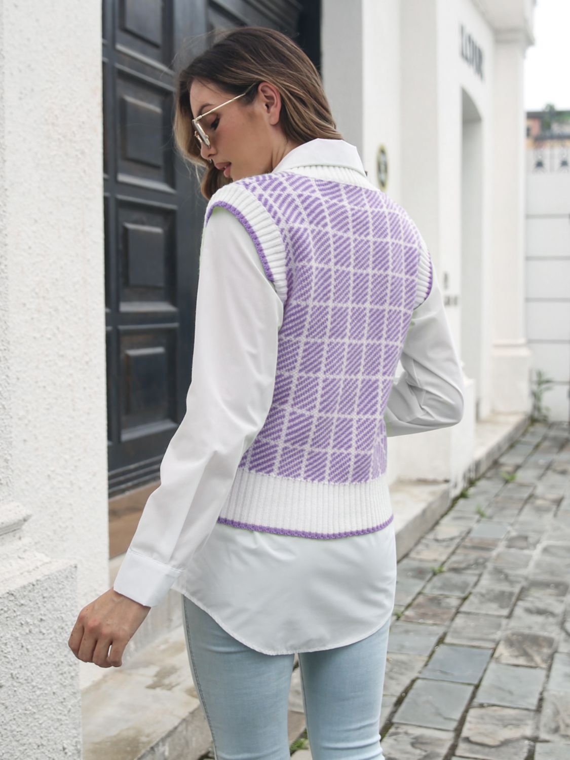 Plaid V-Neck Sweater Vest-Angel Casuals