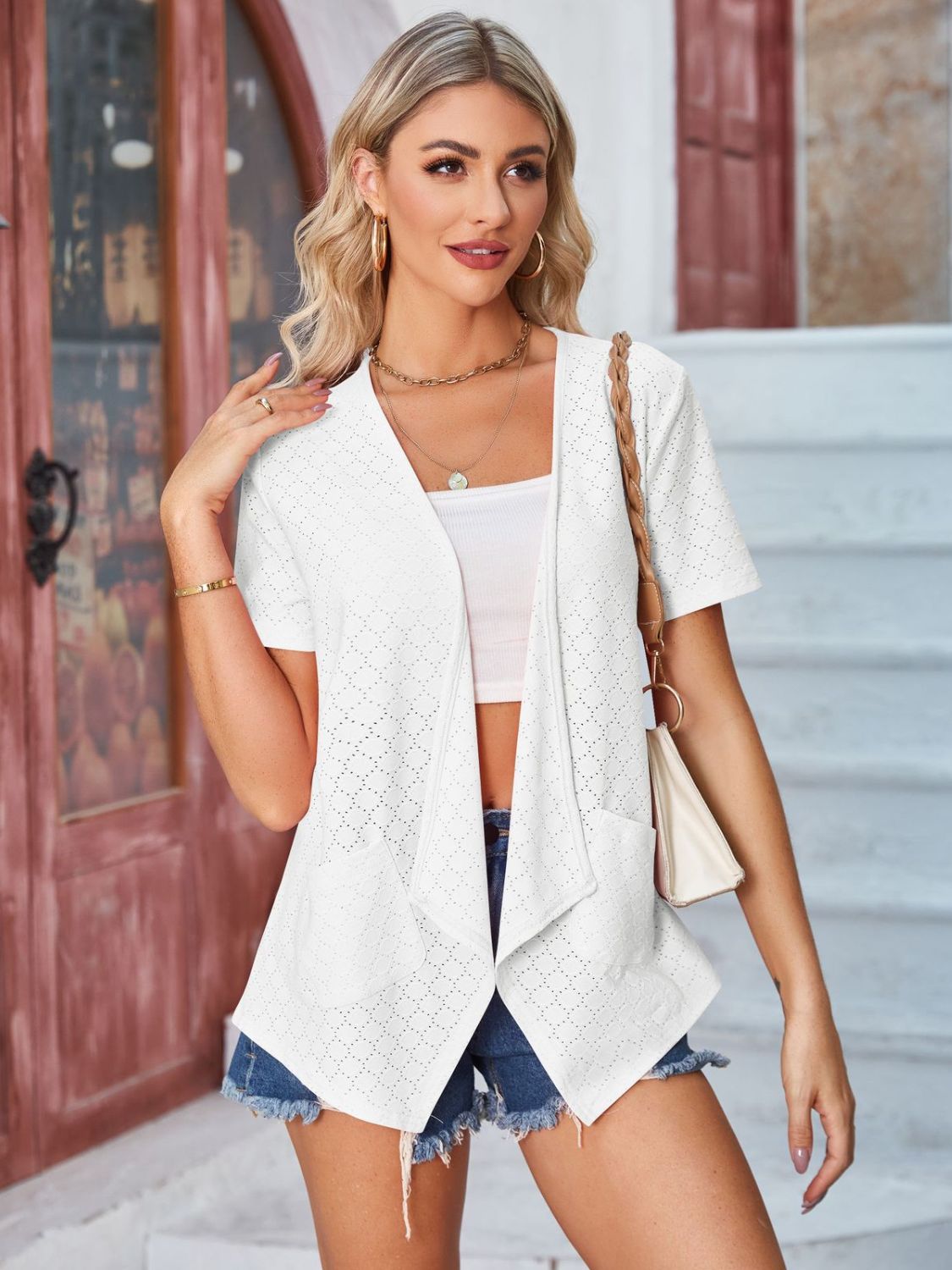 Eyelet Open Front Short Sleeve Cover Up-Angel Casuals