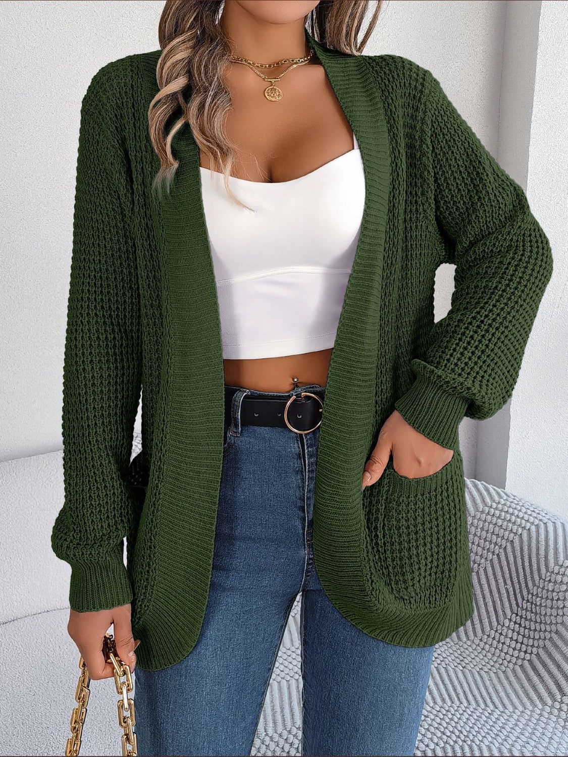 Open Front Long Sleeve Cardigan with Pockets-Angel Casuals