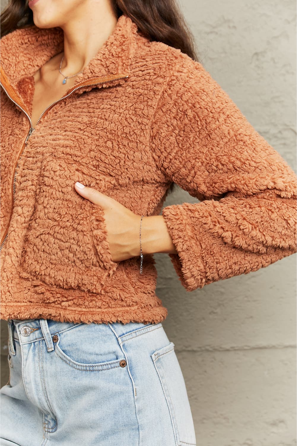 Zip-Up Collared Teddy Jacket-Angel Casuals