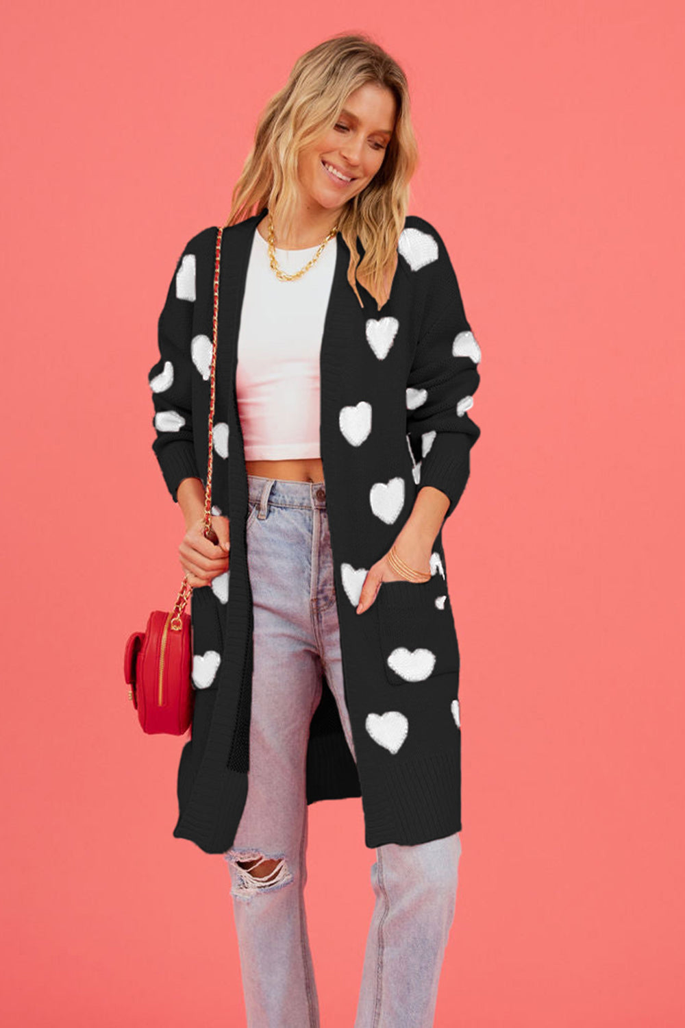 Heart Graphic Open Front Cardigan with Pockets-Angel Casuals