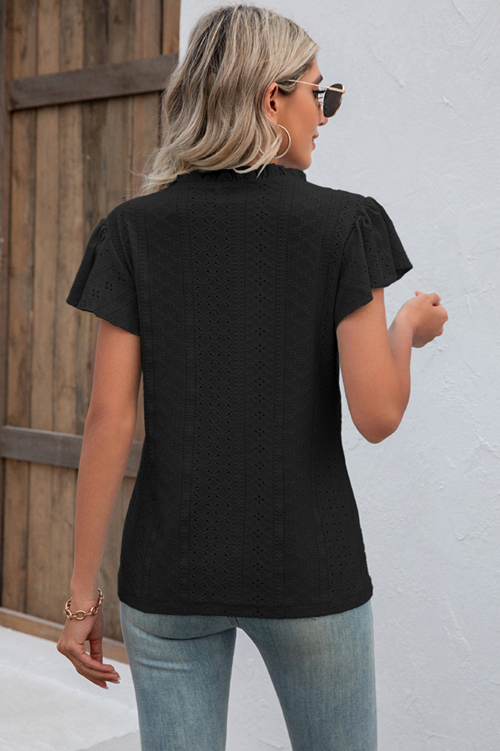 Eyelet Notched Flutter Sleeve T-Shirt-Angel Casuals