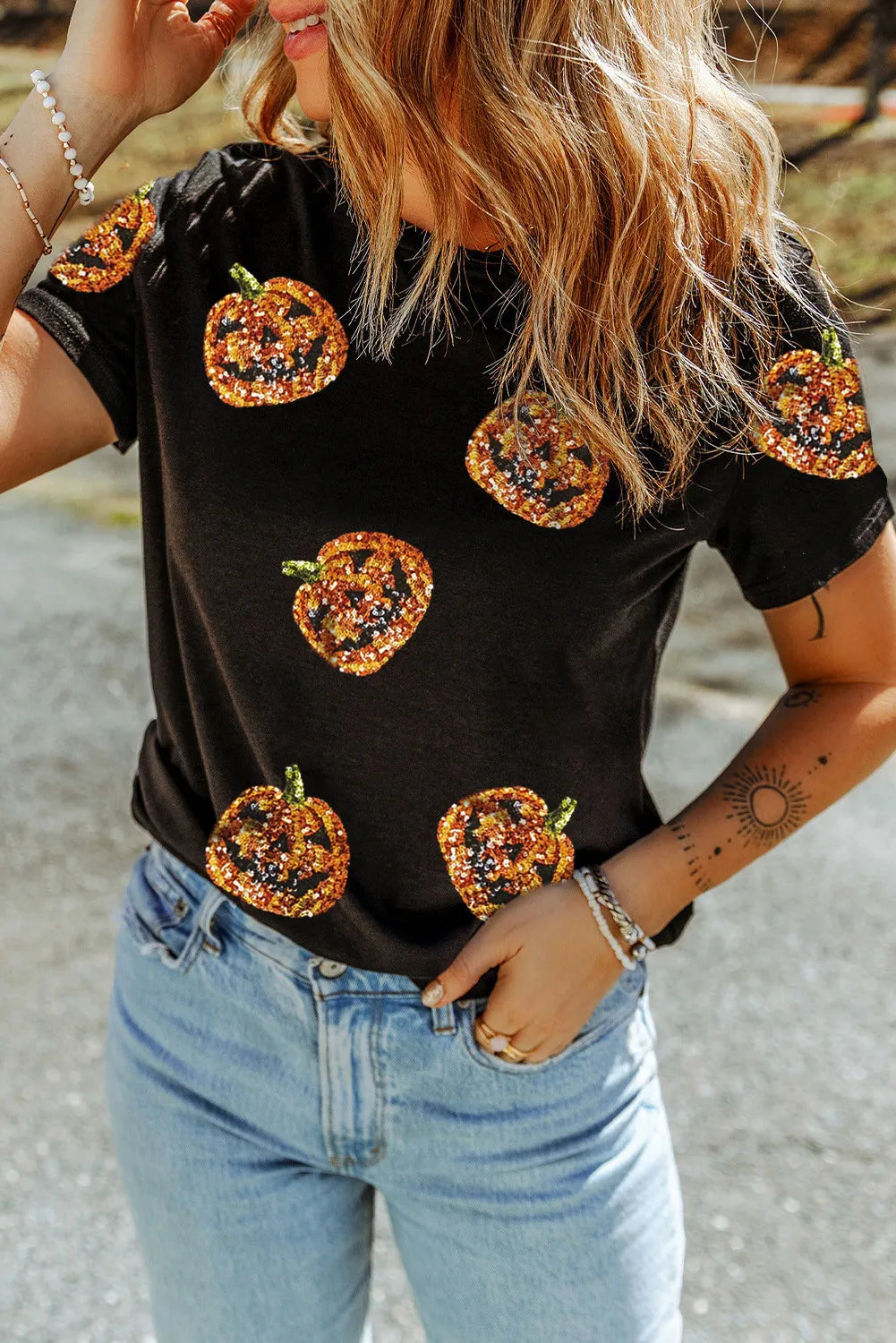 Sequin Pumpkin Round Neck Short Sleeve T-Shirt-Angel Casuals