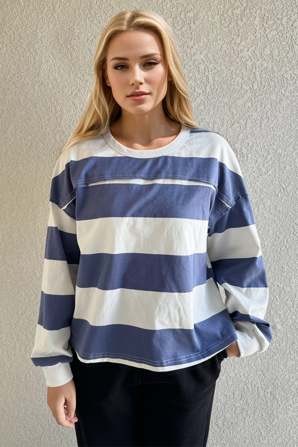 Oh Pima Cotton Wash Exposed Seam Contrast Striped Round Neck Long Sleeve T-Shirt-Angel Casuals