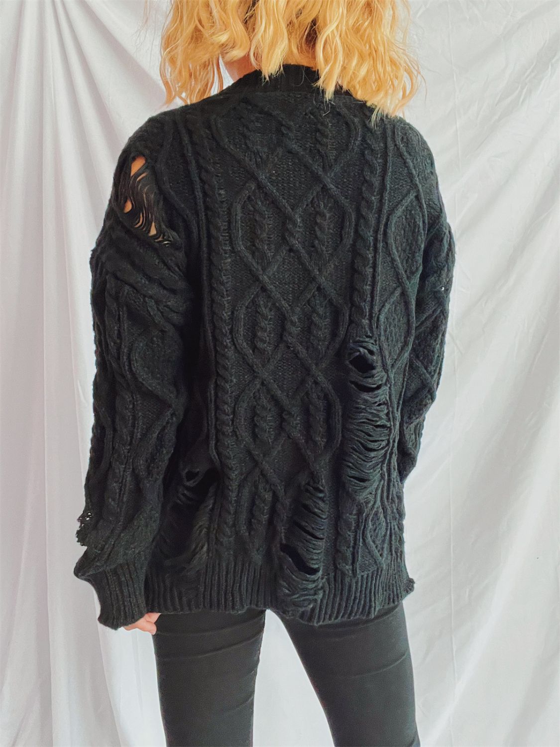 Distressed Cable-Knit Round Neck Long Sleeve Sweater-Angel Casuals