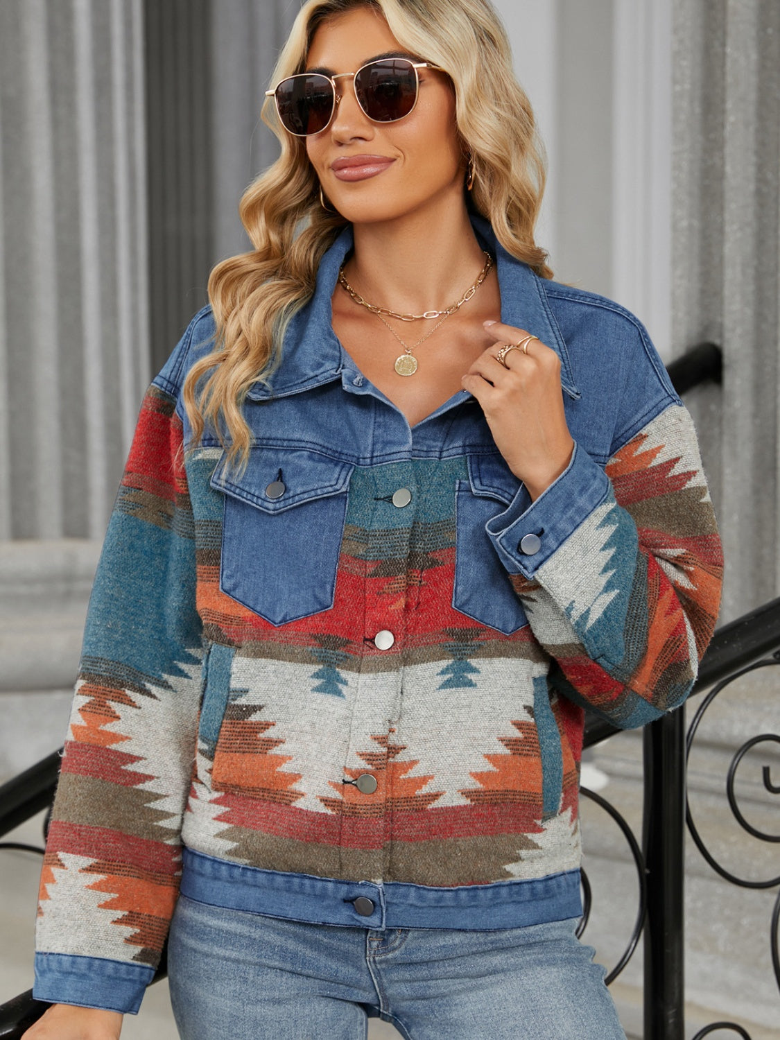 Geometric Button Up Long Sleeve Denim Jacket-Angel Casuals