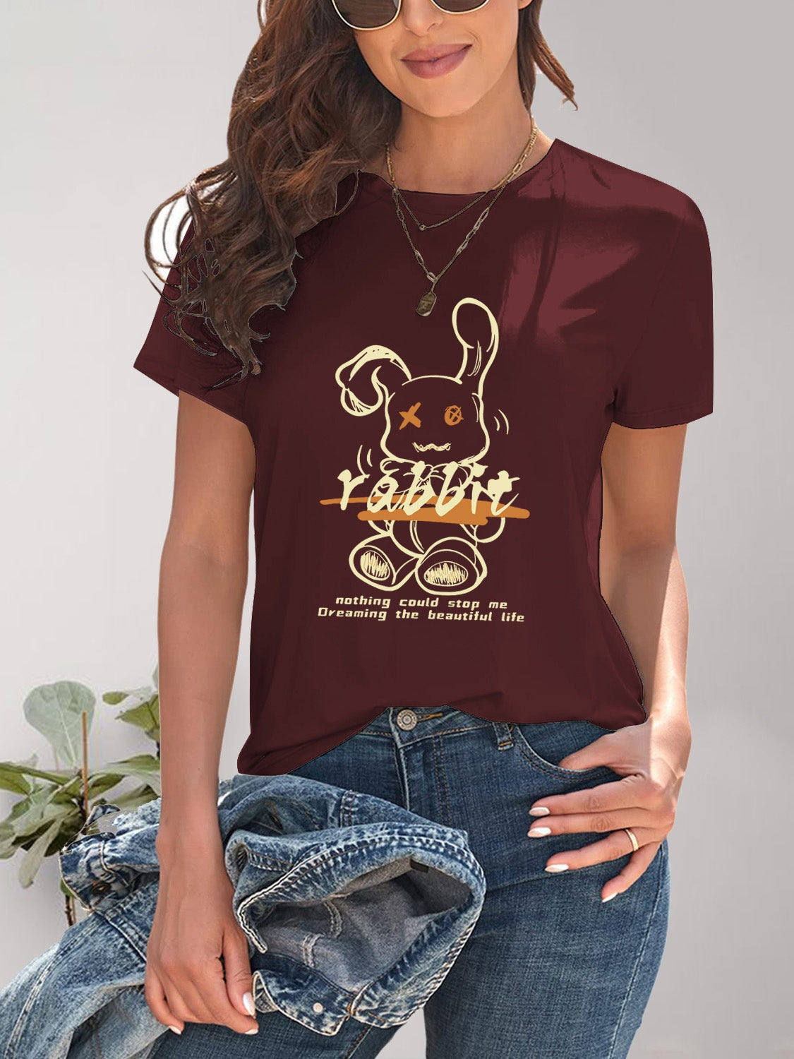 Rabbit Graphic Round Neck Short Sleeve T-Shirt-Angel Casuals