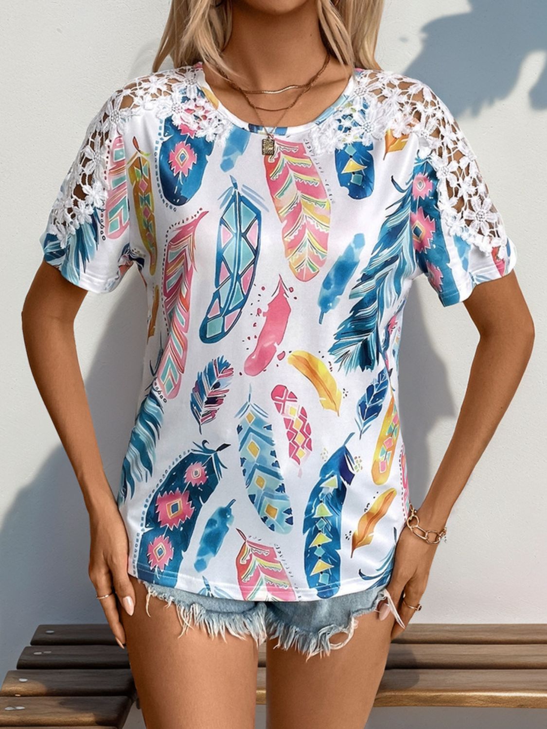 Perfee Printed Round Neck Lace Short Sleeve Top-Angel Casuals