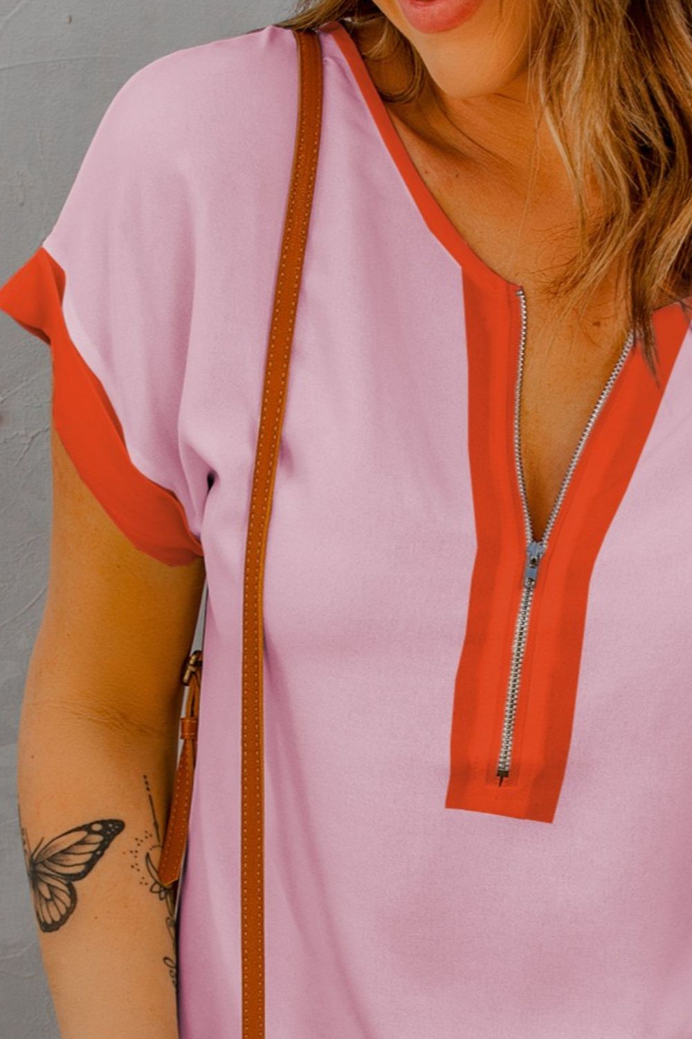 Contrast Half Zip Short Sleeve Top-Angel Casuals