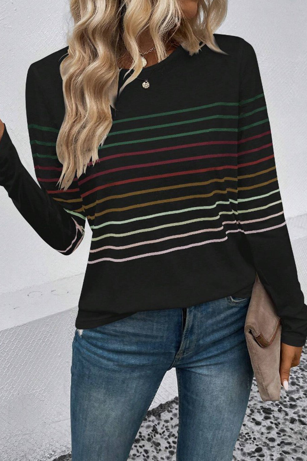 Striped Round Neck Long Sleeve T-Shirt-Angel Casuals