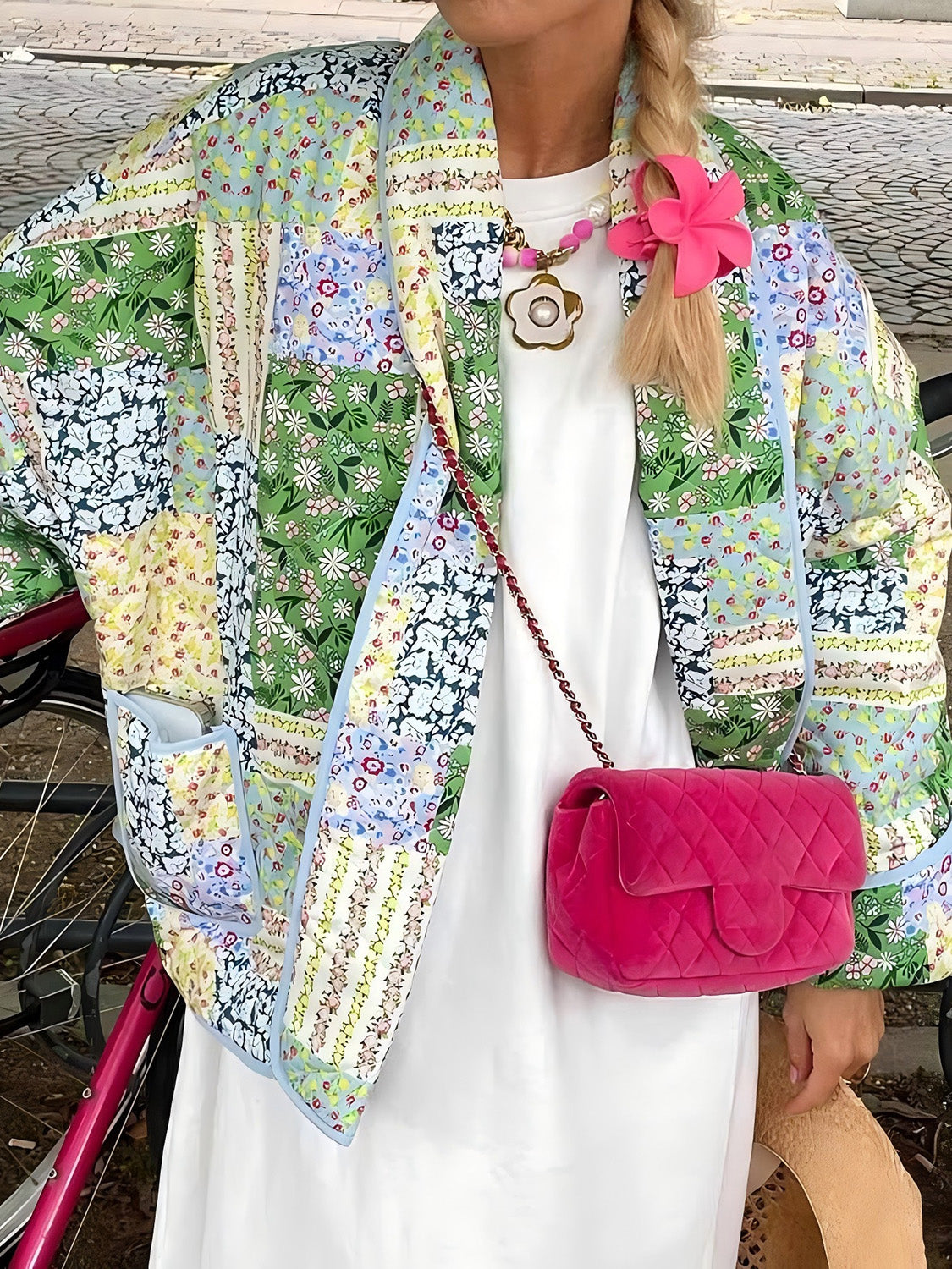 Printed Patchwork Open Front Cardigan with Pockets-Angel Casuals