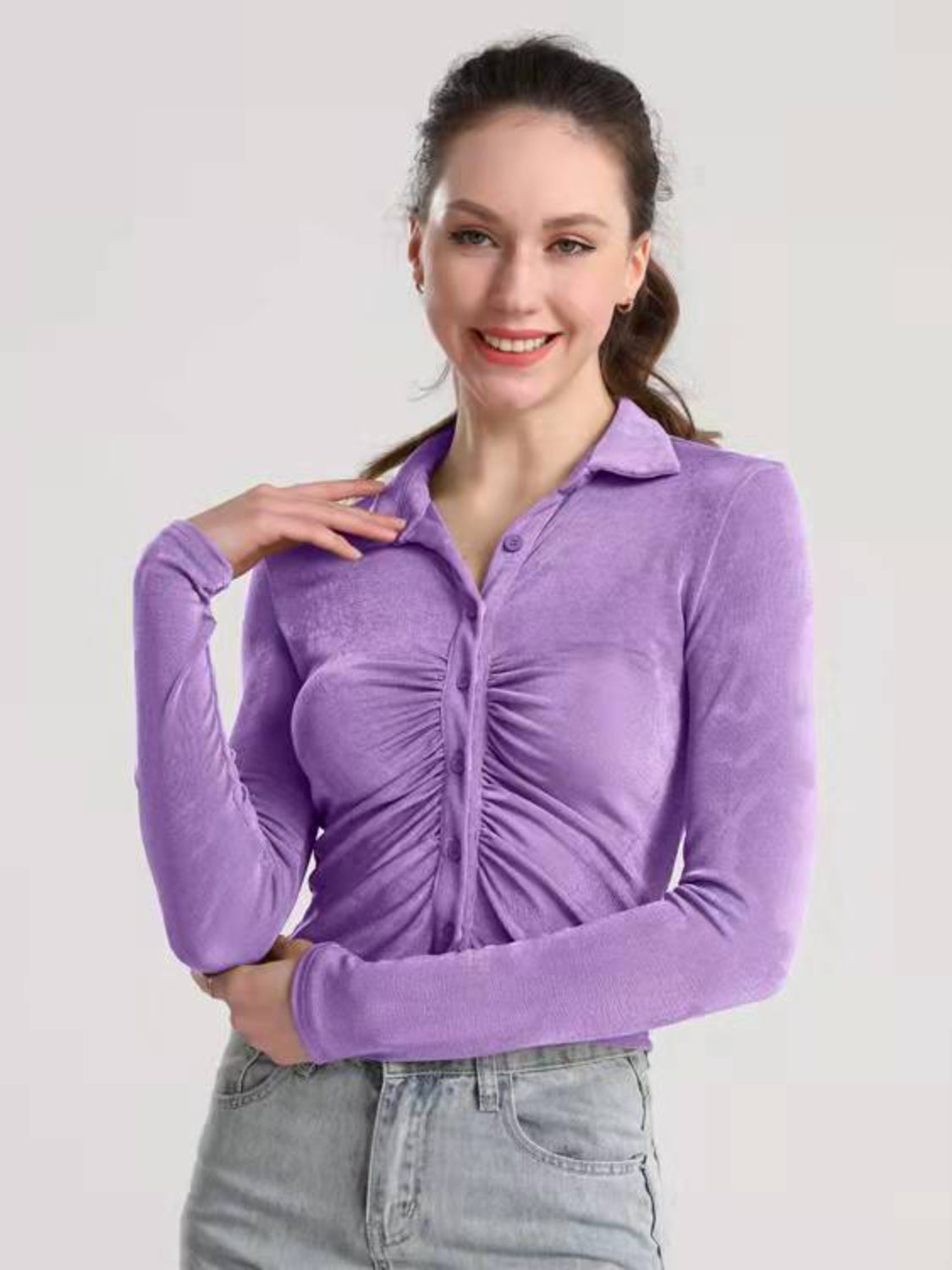 Ruched Button Up Long Sleeve T-Shirt-Angel Casuals