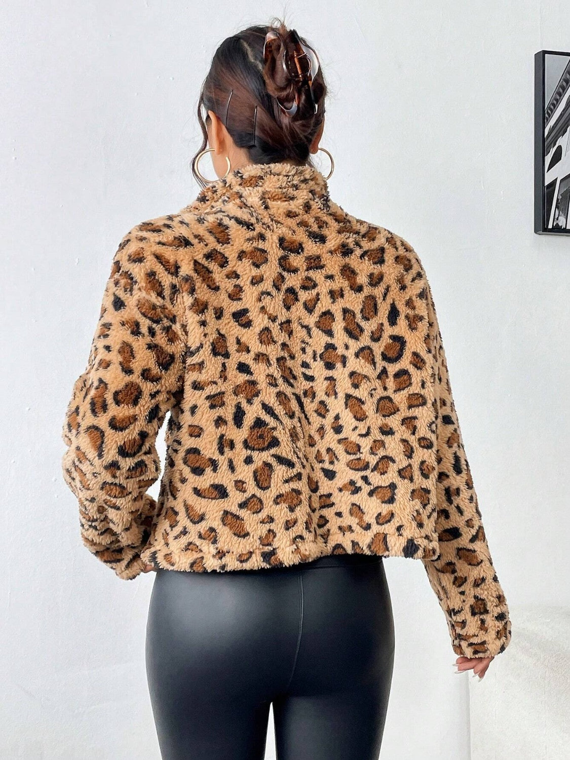 Fuzzy Turtleneck Leopard Zip Up Jacket-Angel Casuals