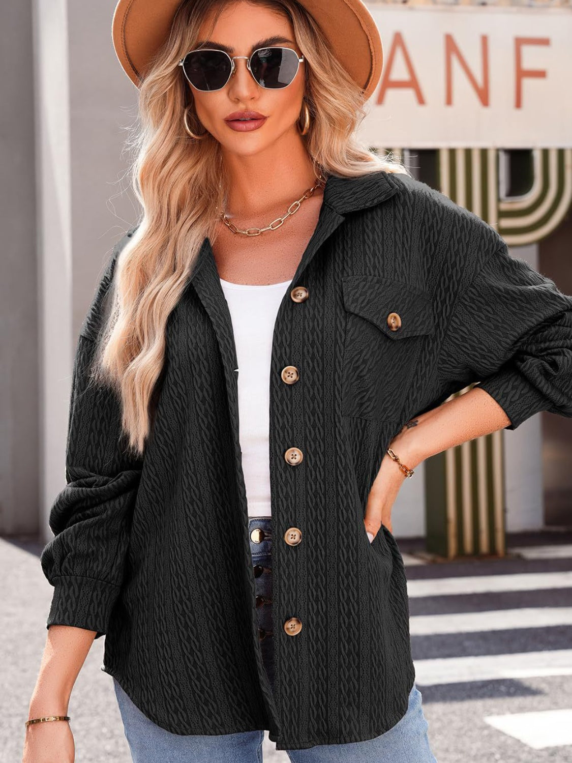 Textured Button Up Long Sleeve Shacket-Angel Casuals