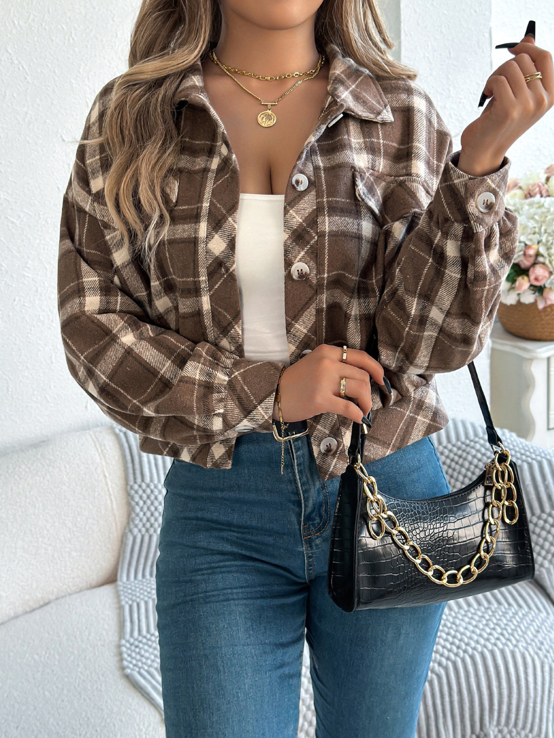Plaid Button Up Long Sleeve Jacket-Angel Casuals