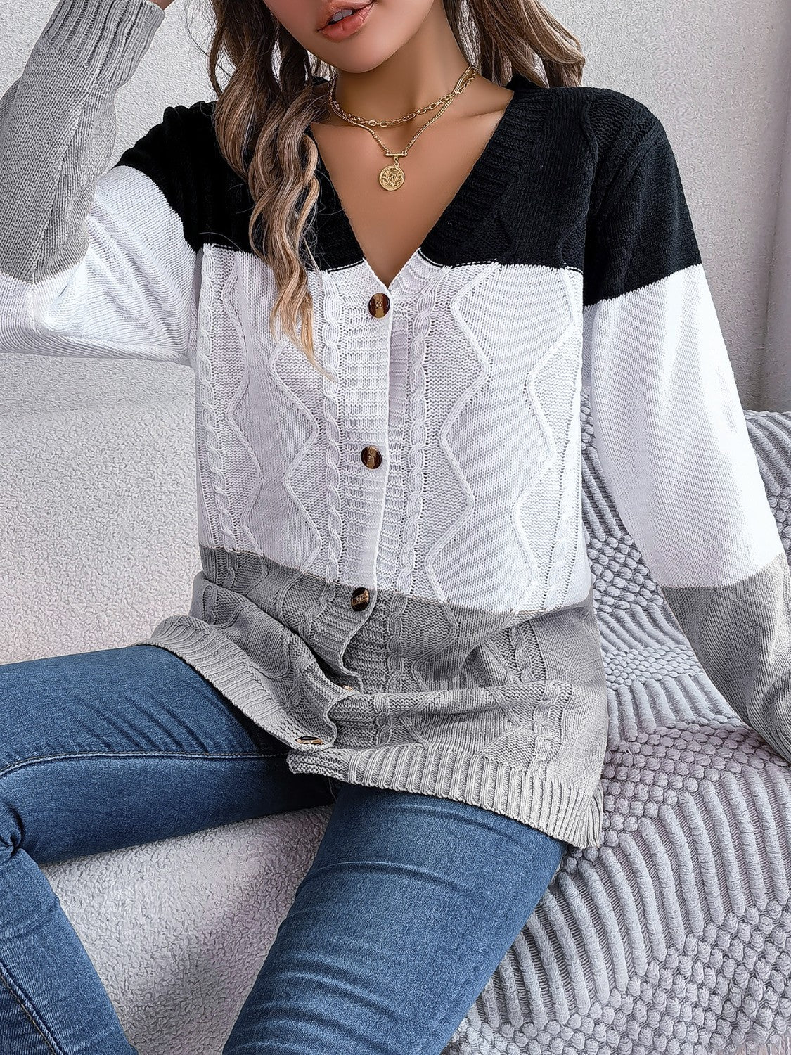 Cable-Knit Striped Button Up Cardigan-Angel Casuals