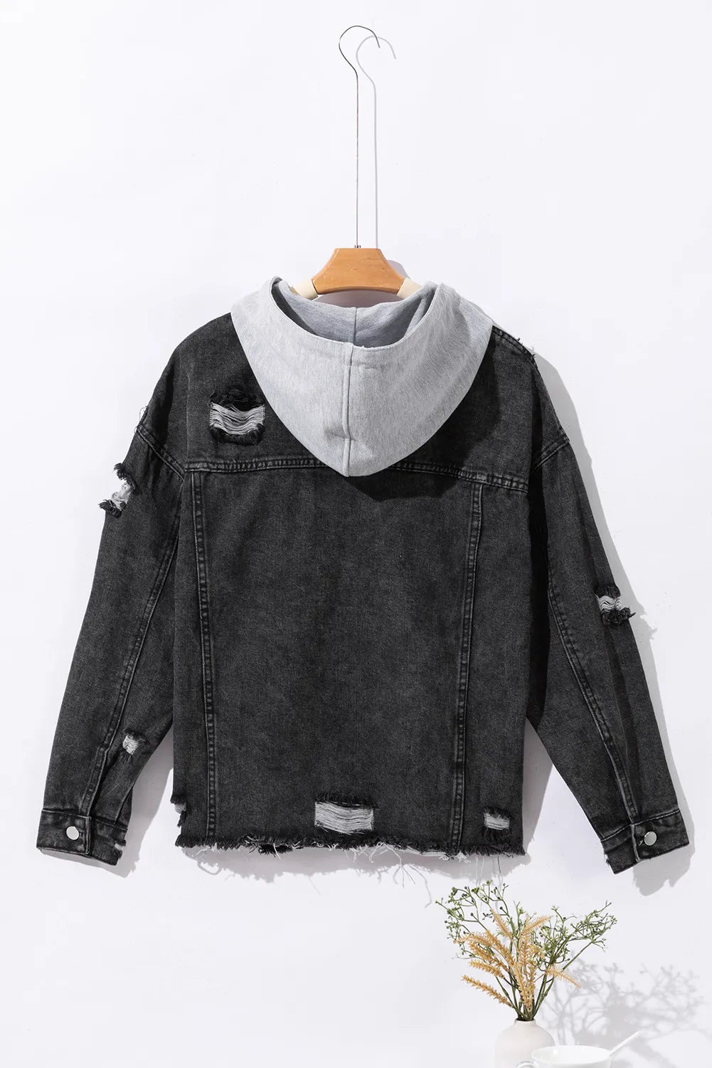 Distressed Drawstring Long Sleeve Hooded Denim Jacket-Angel Casuals