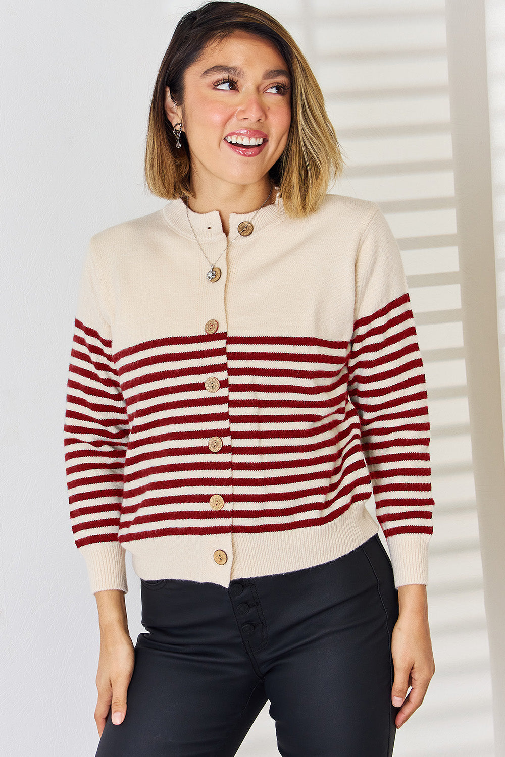 Striped Button Up Long Sleeve Cardigan-Angel Casuals