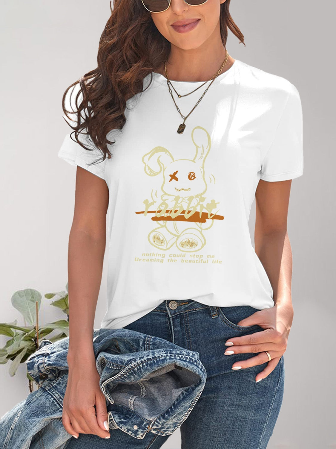 Rabbit Graphic Round Neck Short Sleeve T-Shirt-Angel Casuals