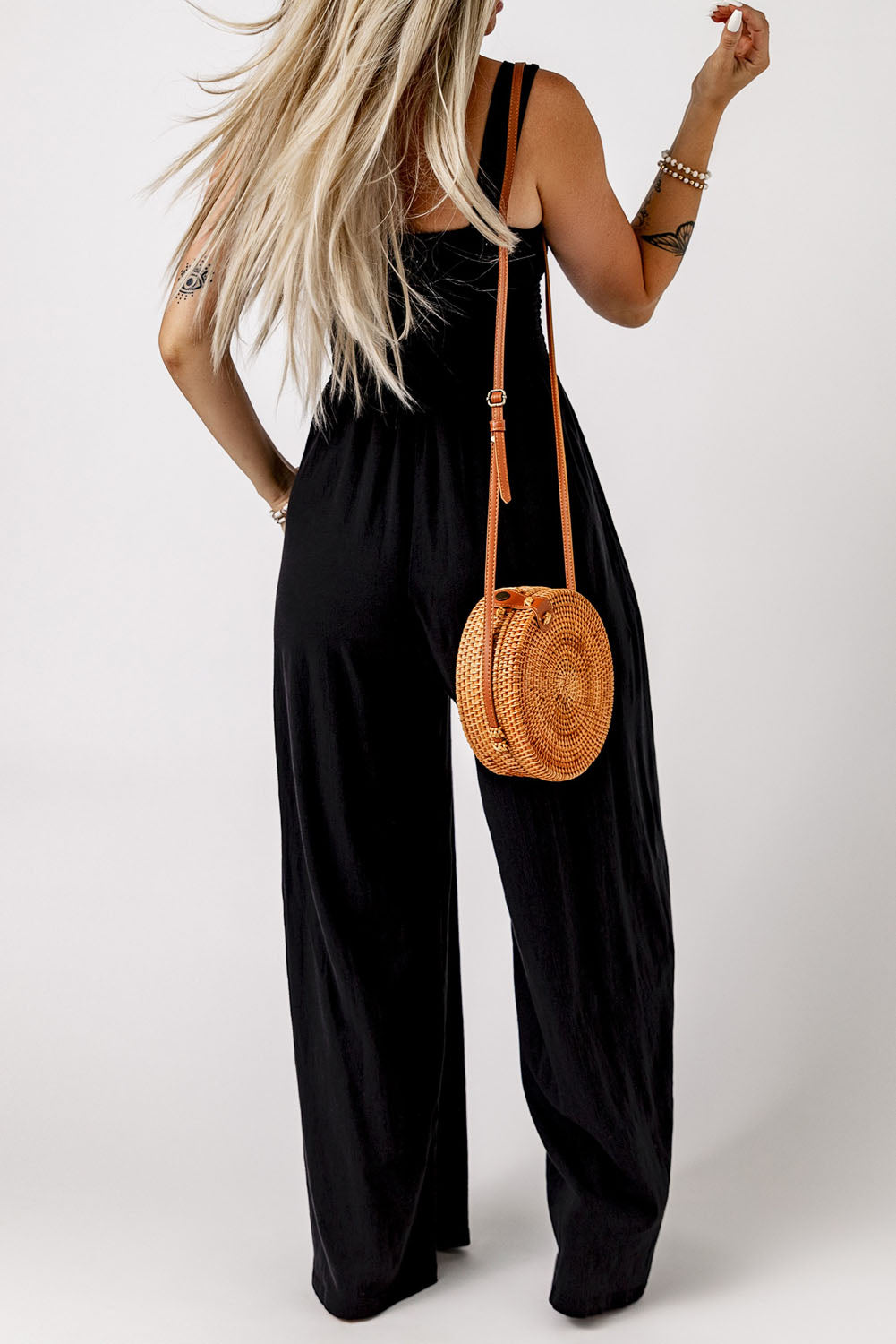 Smocked Square Neck Wide Leg Jumpsuit with Pockets-Angel Casuals
