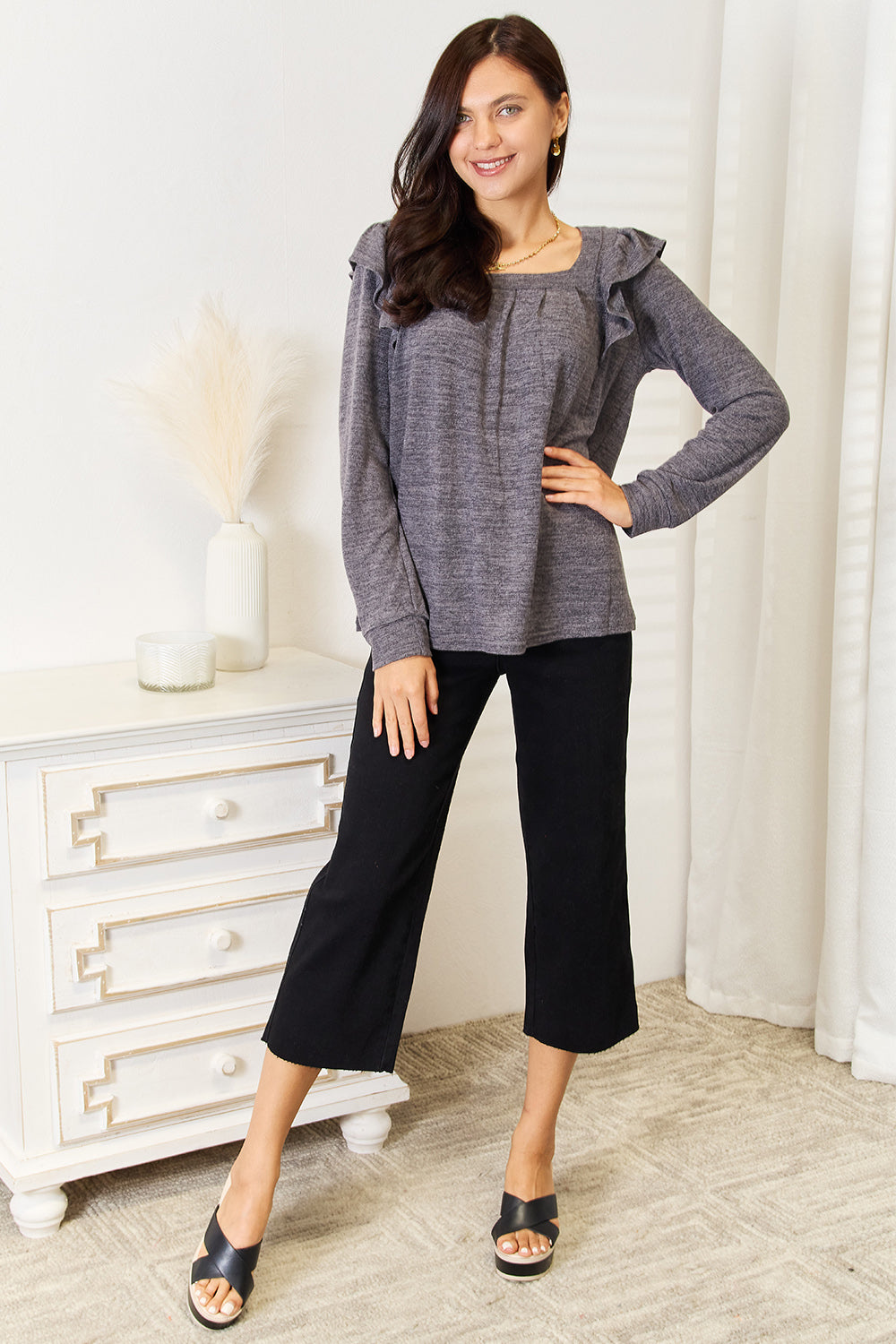 Double Take Square Neck Ruffle Shoulder Long Sleeve T-Shirt-Angel Casuals