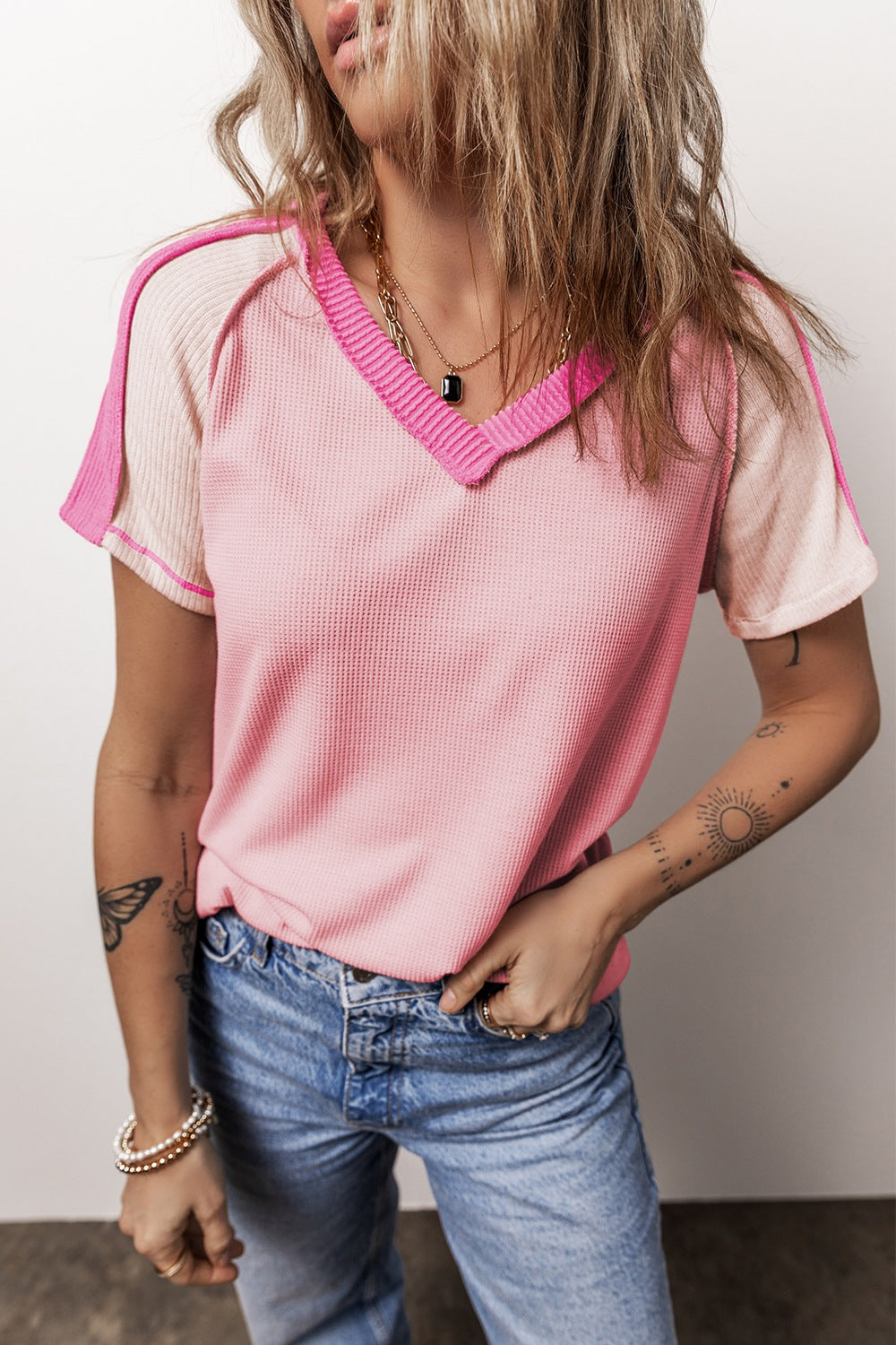 Color Block V-Neck Short Sleeve T-Shirt-Angel Casuals