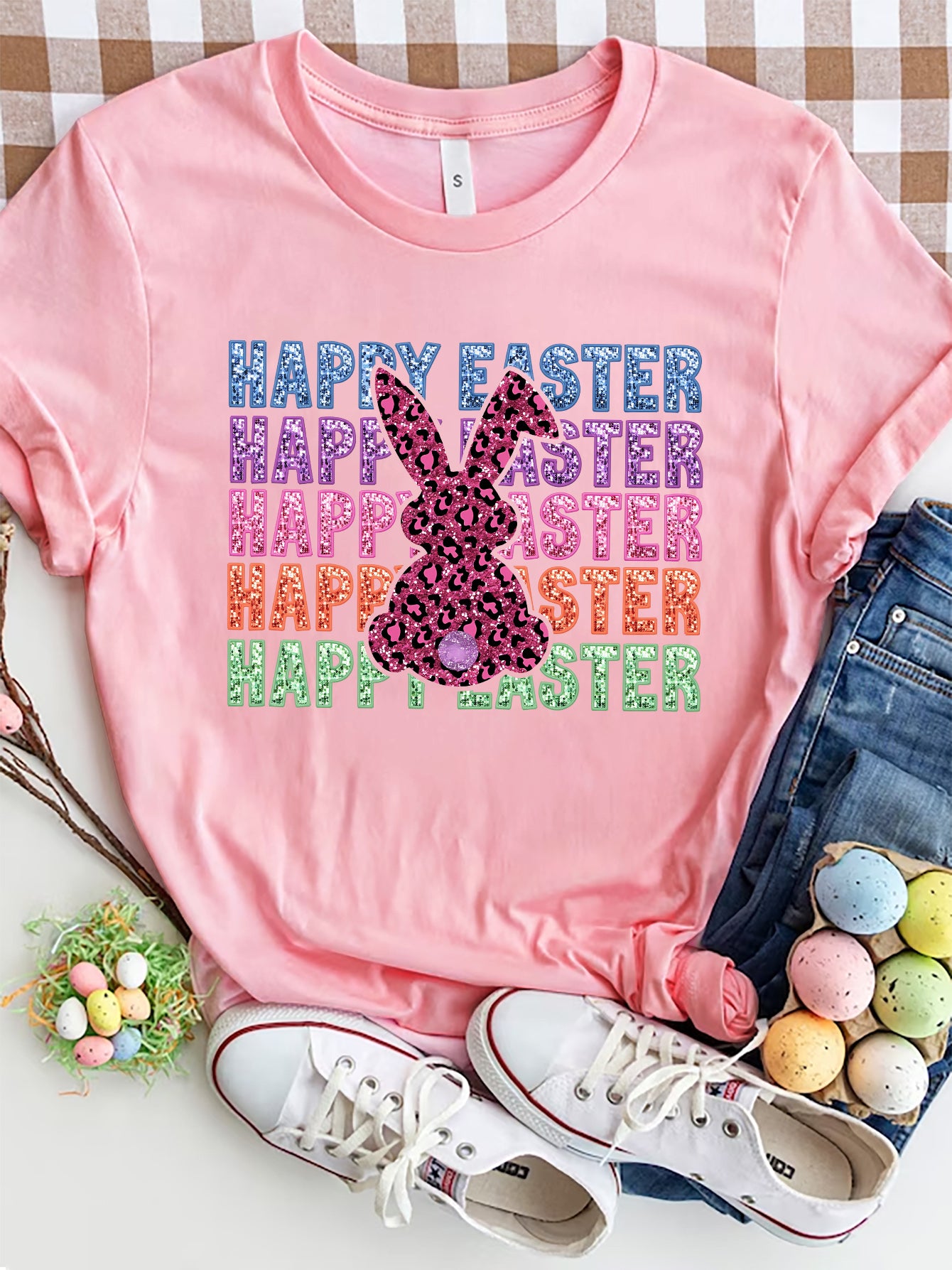 HAPPY EASTER Round Neck Short Sleeve T-Shirt-Angel Casuals