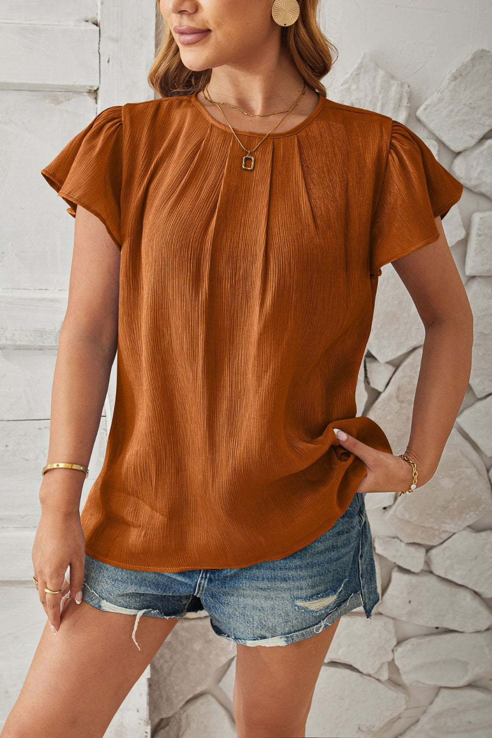 Round Neck Keyhole Cap Sleeve T-Shirt-Angel Casuals