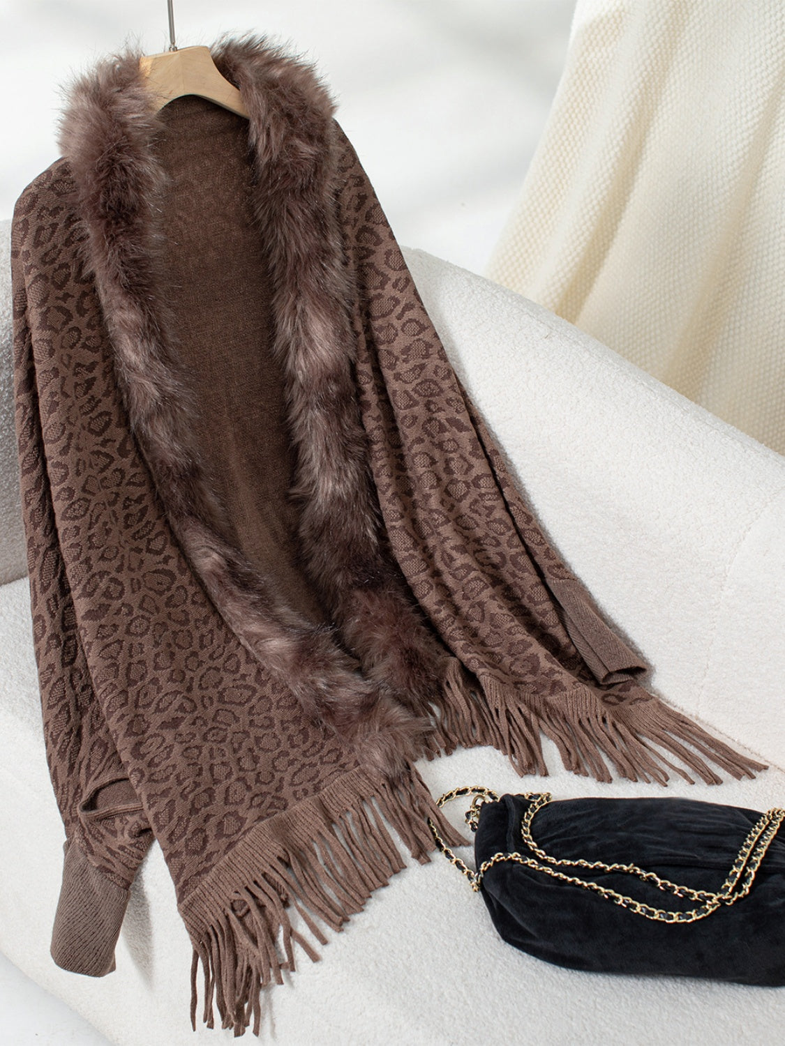 Fringe Leopard Open Front Long Sleeve Poncho-Angel Casuals