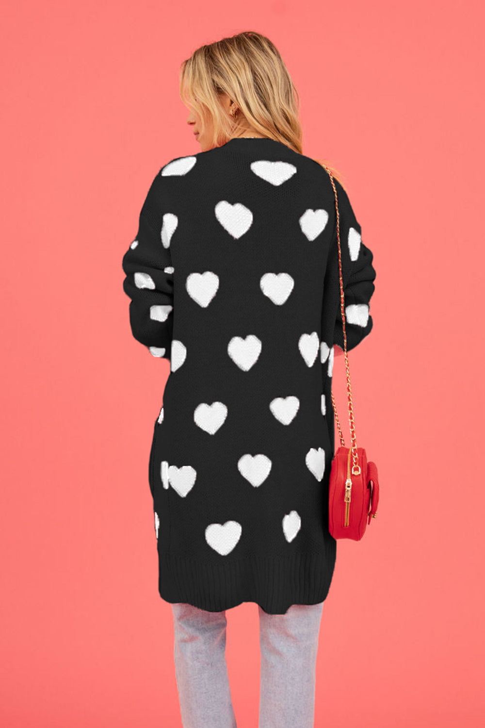 Heart Graphic Open Front Cardigan with Pockets-Angel Casuals