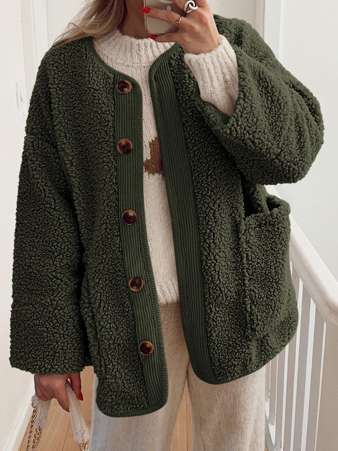 Contrast Button Up Sherpa Jacket with Pockets-Angel Casuals