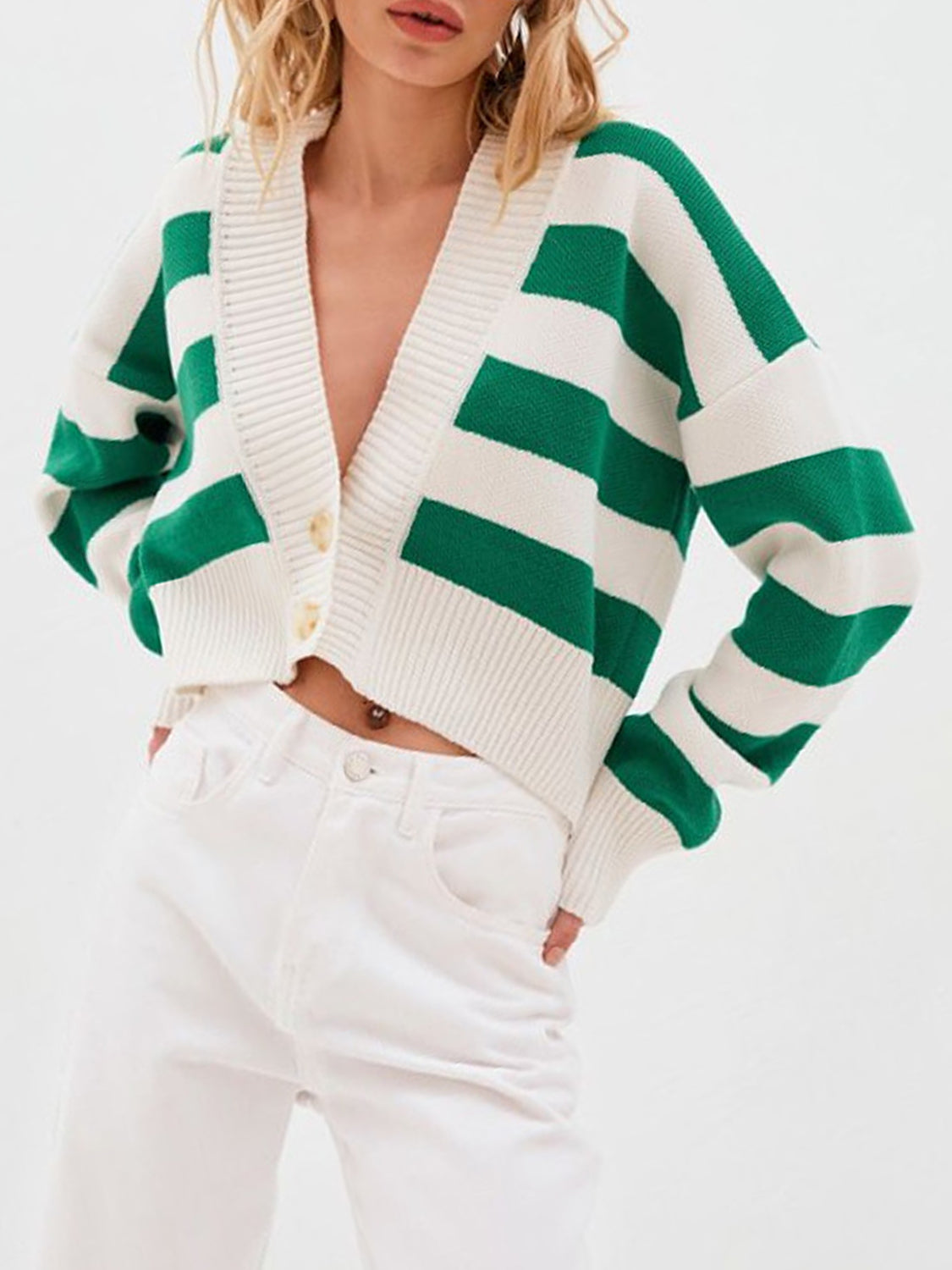 Striped Button Down Drop Shoulder Cardigan-Angel Casuals