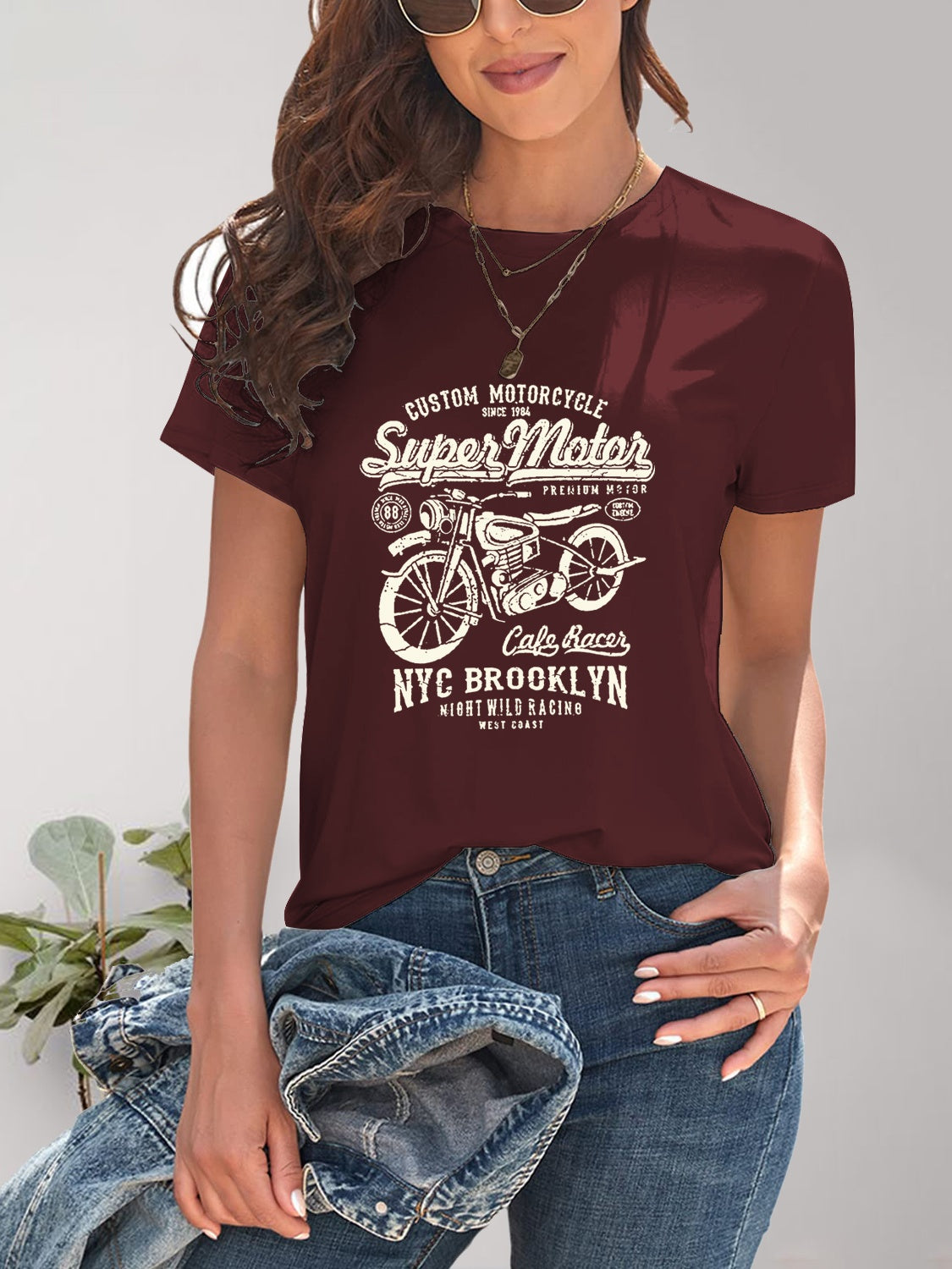 Motorcycle Graphic Round Neck T-Shirt-Angel Casuals