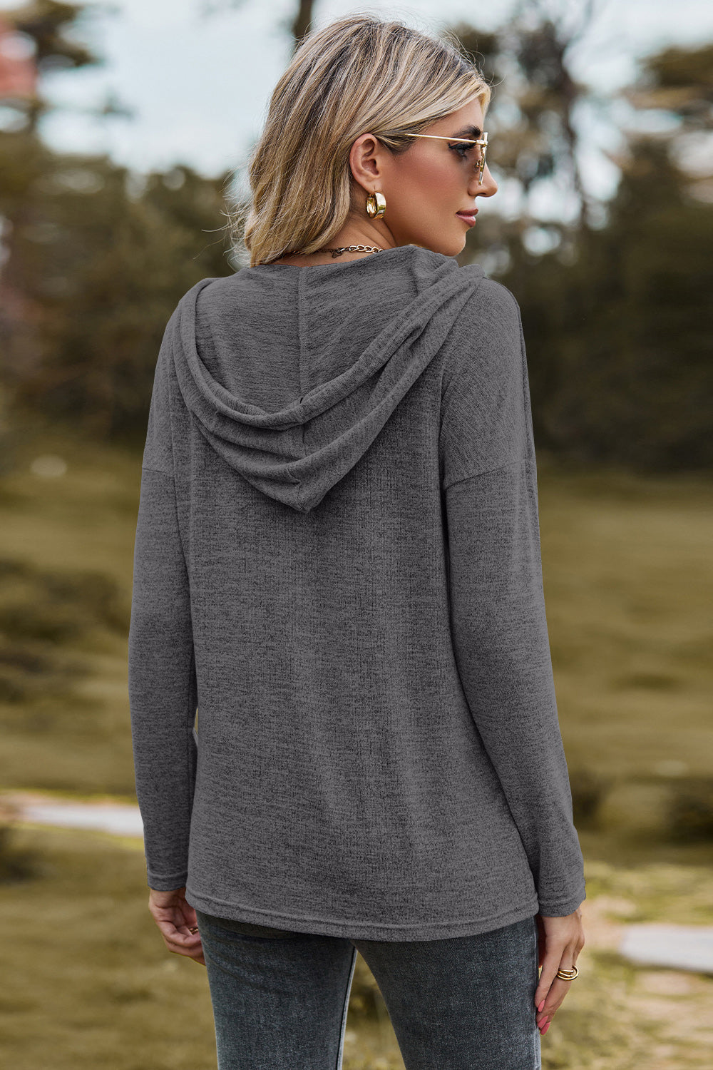 Drawstring Dropped Shoulder Hooded T-Shirt-Angel Casuals