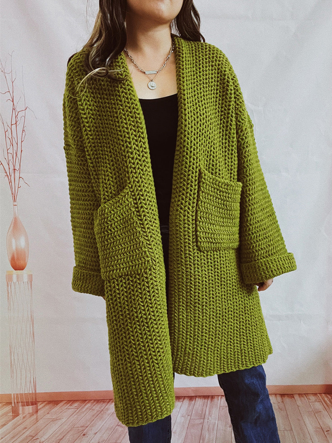 Open Front Long Sleeve Cardigan with Pockets-Angel Casuals