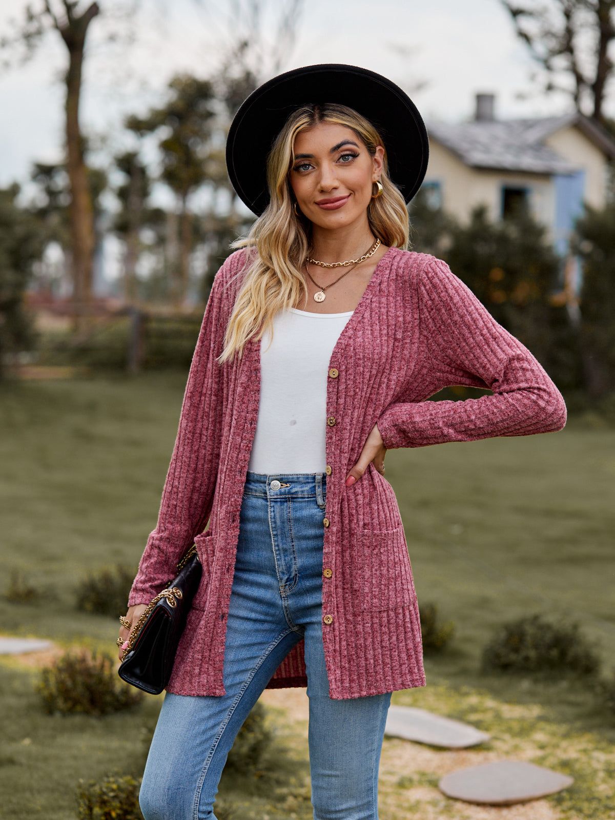 Ribbed Button-Up Cardigan with Pockets-Angel Casuals