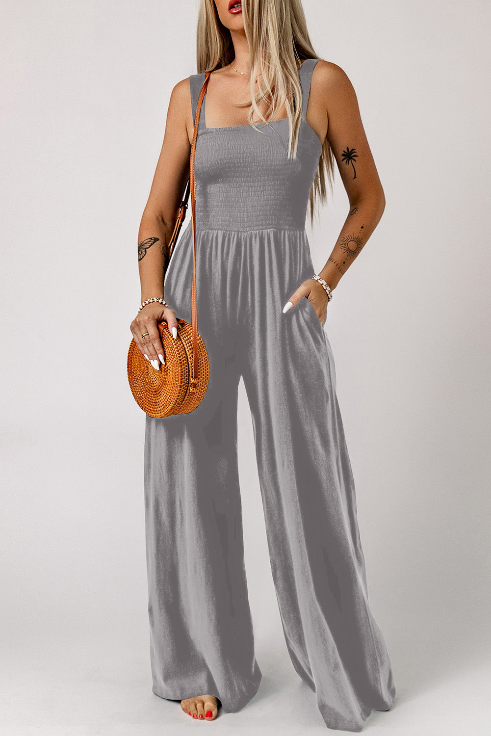 Smocked Square Neck Wide Leg Jumpsuit with Pockets-Angel Casuals